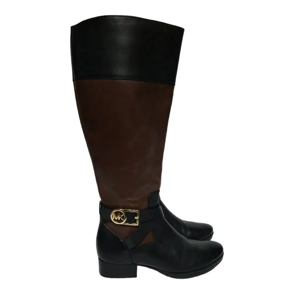 MICHAEL KORS Tall Fulton Black Brown Leather Harness Knee High Boots Women 5.5 M